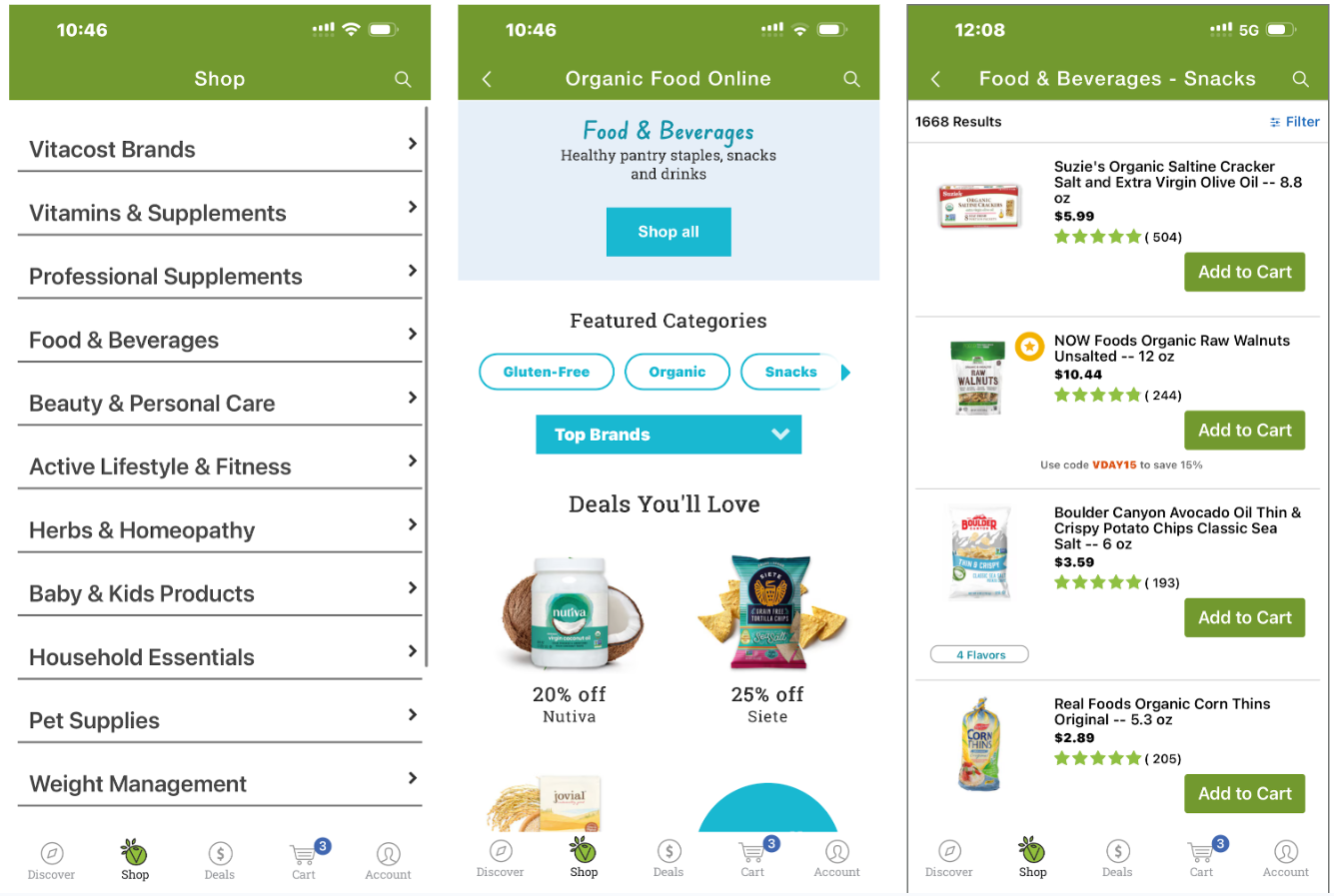 Screenshots of Vitacost user journey